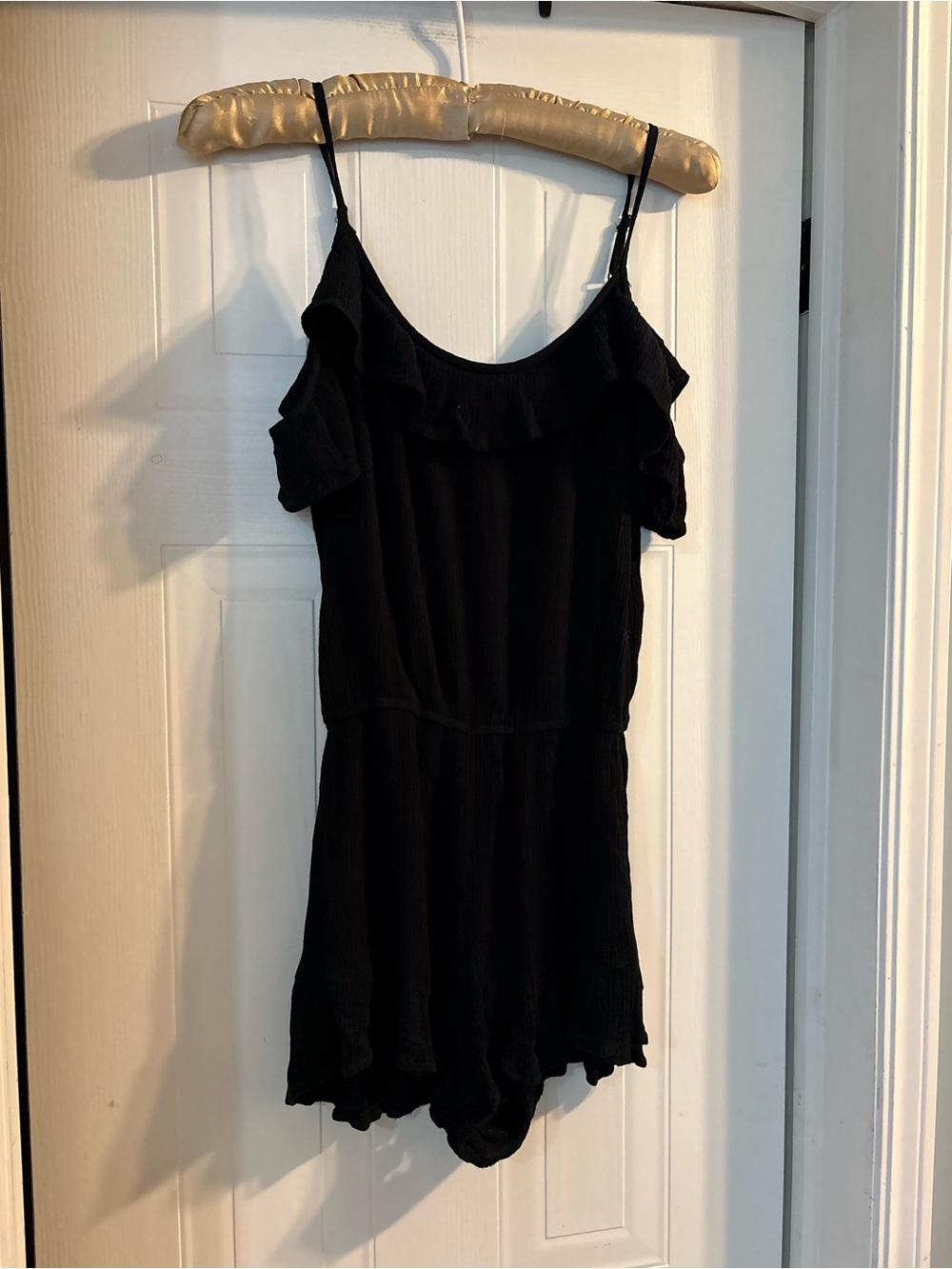 Women’s Black Ruffle-Trim Romper Jumpsuit